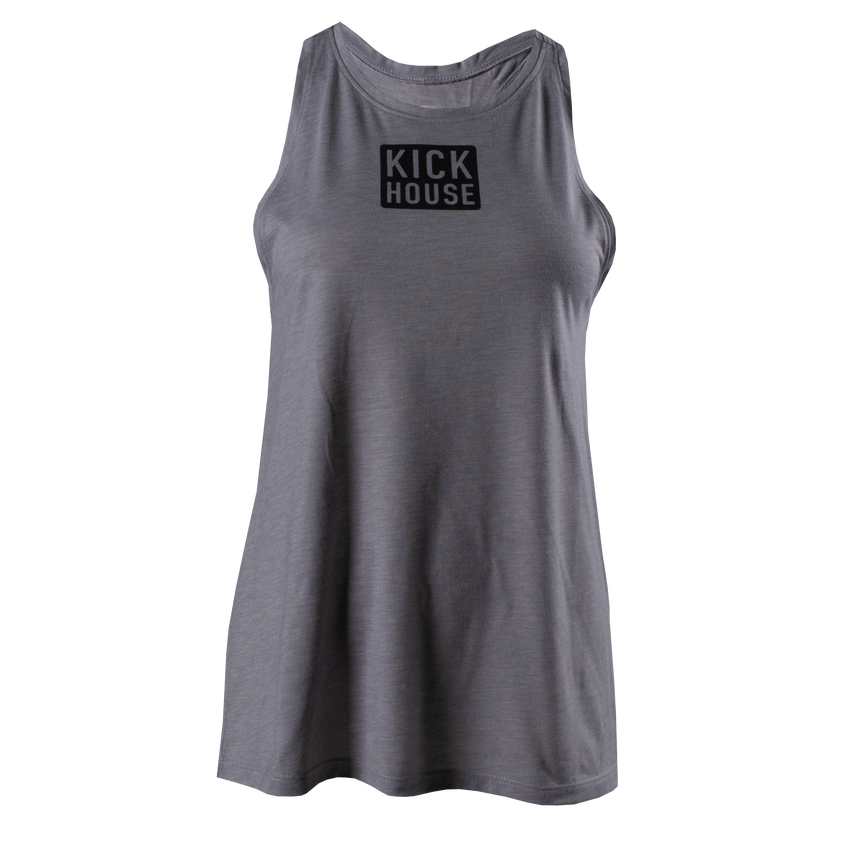 light grey heather ladies triblend wicking tank with kickhouse logo on chest
