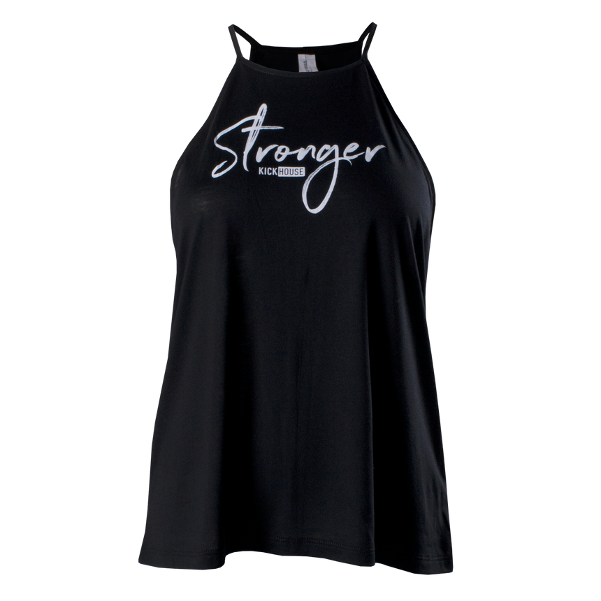 ladies flowy high neck tank in black with Stronger text and small kickhouse logo on chest