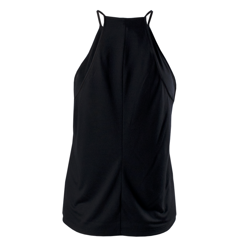 back of ladies flowy high neck tank in black