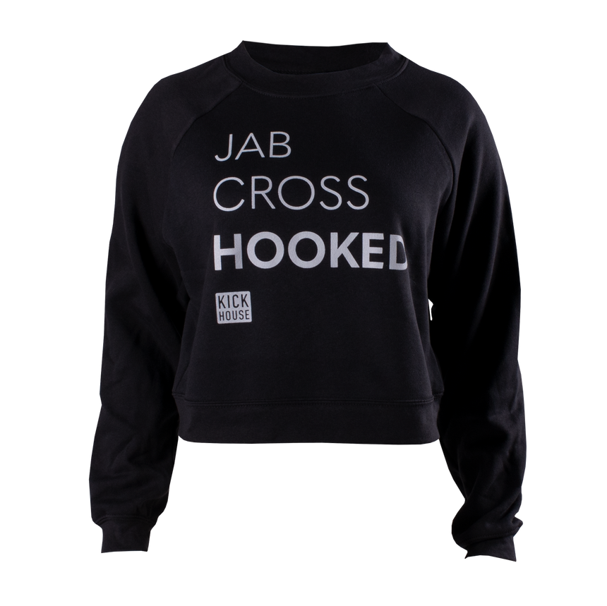 dark grey ladies raglan pullover fleece with jack cross hooked text on front and small kickhouse logo