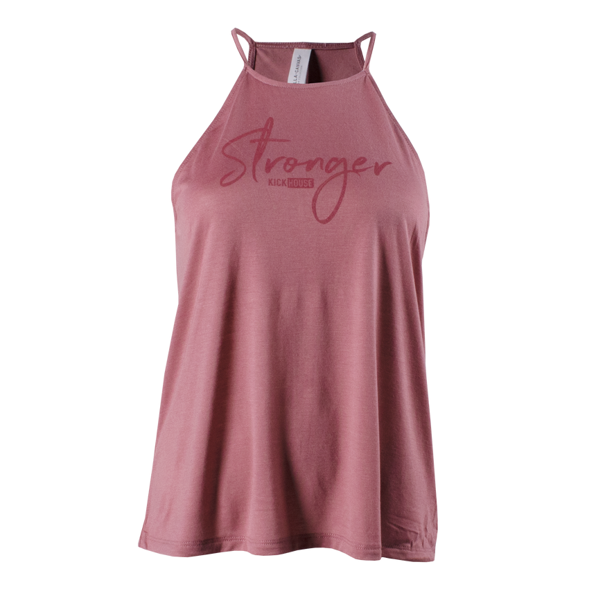 ladies flowy high neck tank in mauve with Stronger text and small kickhouse logo on chest