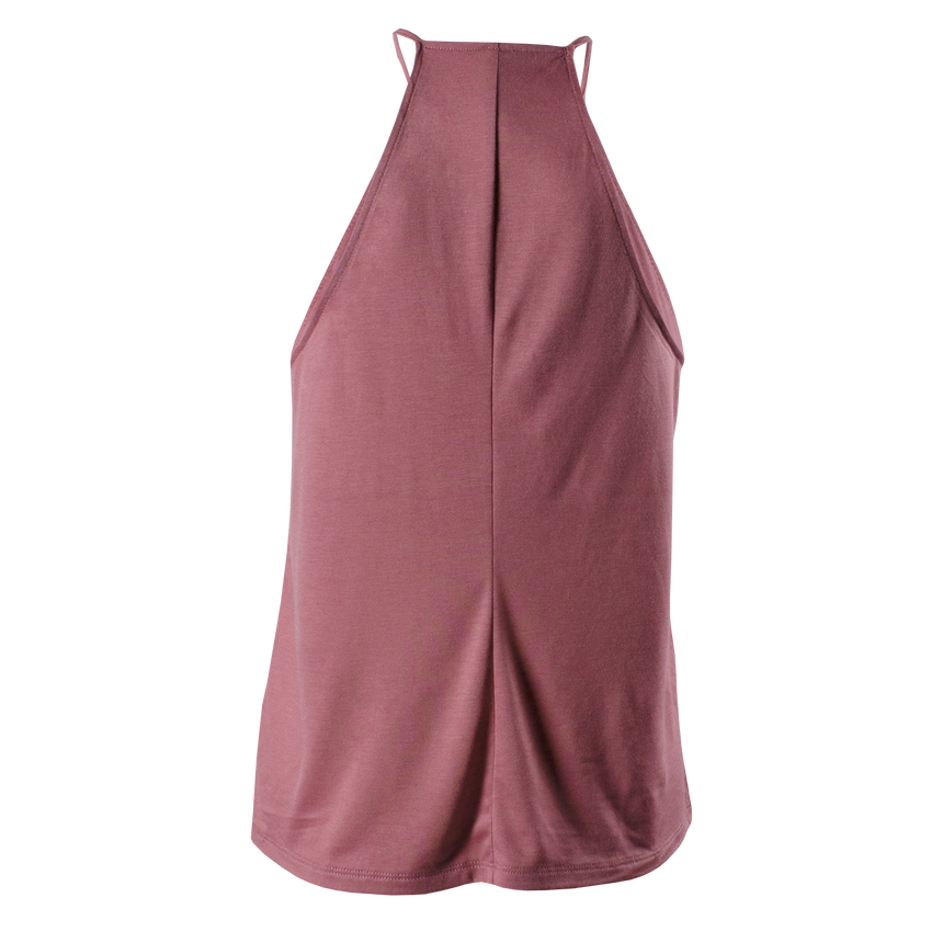 back of ladies flowy high neck tank in mauve